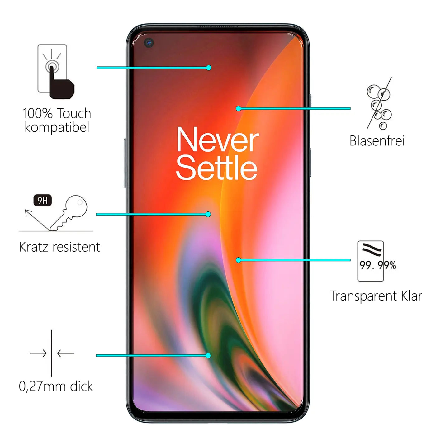 Schwarzes OnePlus Nord 2 5G von vorne, Display mit "Never Settle" Wallpaper. Blaue Linien zeigen auf Produktmerkmale.