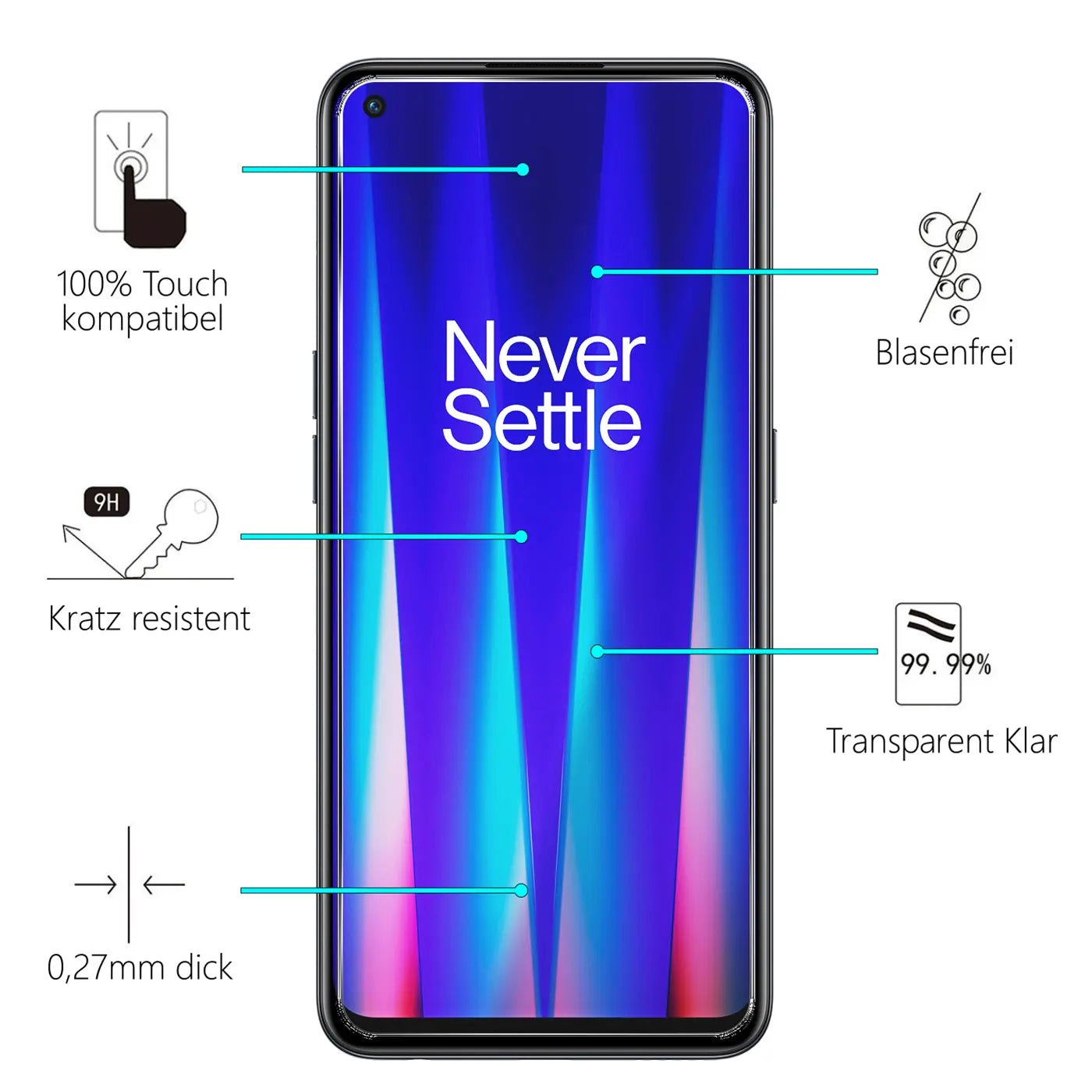 Schwarzes OnePlus Nord CE 2 5G Smartphone, frontal, mit "Never Settle" auf dem Display und Produktmerkmalen.