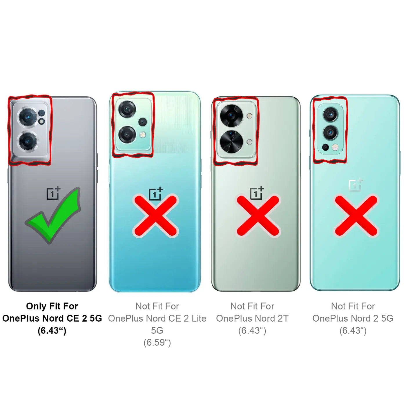Vier OnePlus-Handyrückseiten in Grau und Türkis, von hinten, zeigen Kameraausschnitte und Passform (Haken/Kreuz).