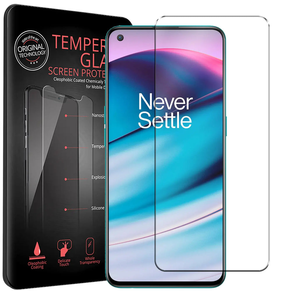 Schwarze Verpackung mit Panzerglas-Symbolen, daneben ein OnePlus Nord CE 5G mit angebrachtem und einem weiteren Panzerglas.