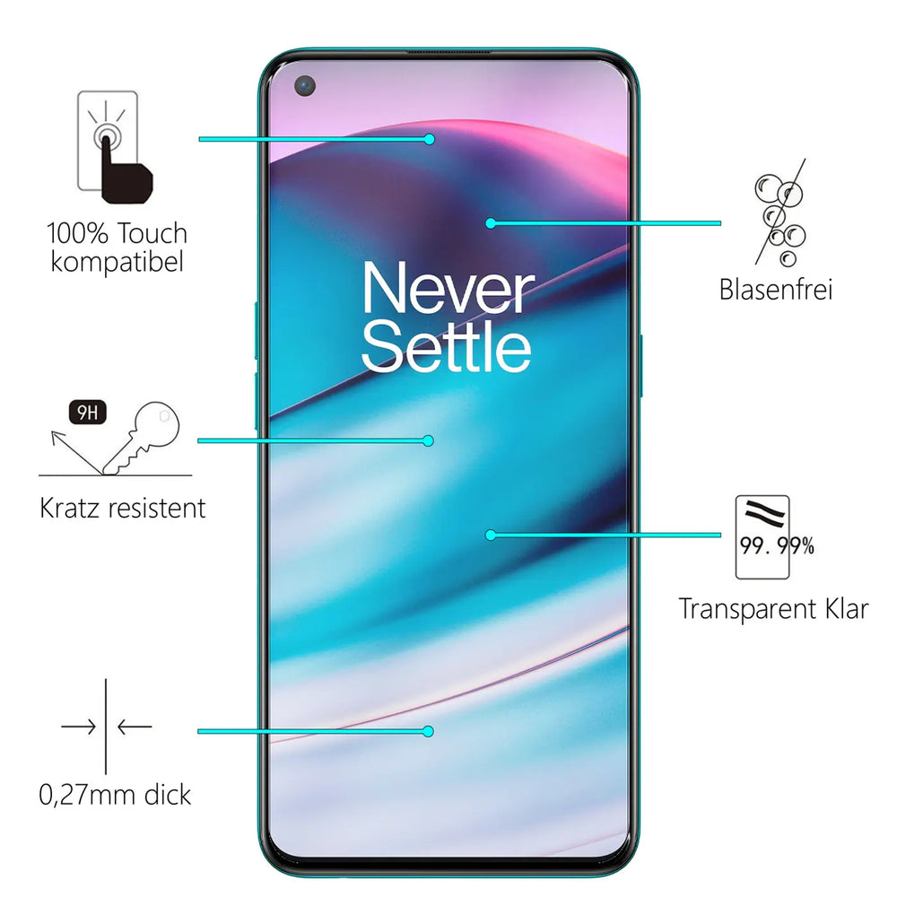 Grünes OnePlus Nord CE 5G von vorne mit Display "Never Settle". Türkise Linien zeigen auf 5 Merkmale des Panzerglases.