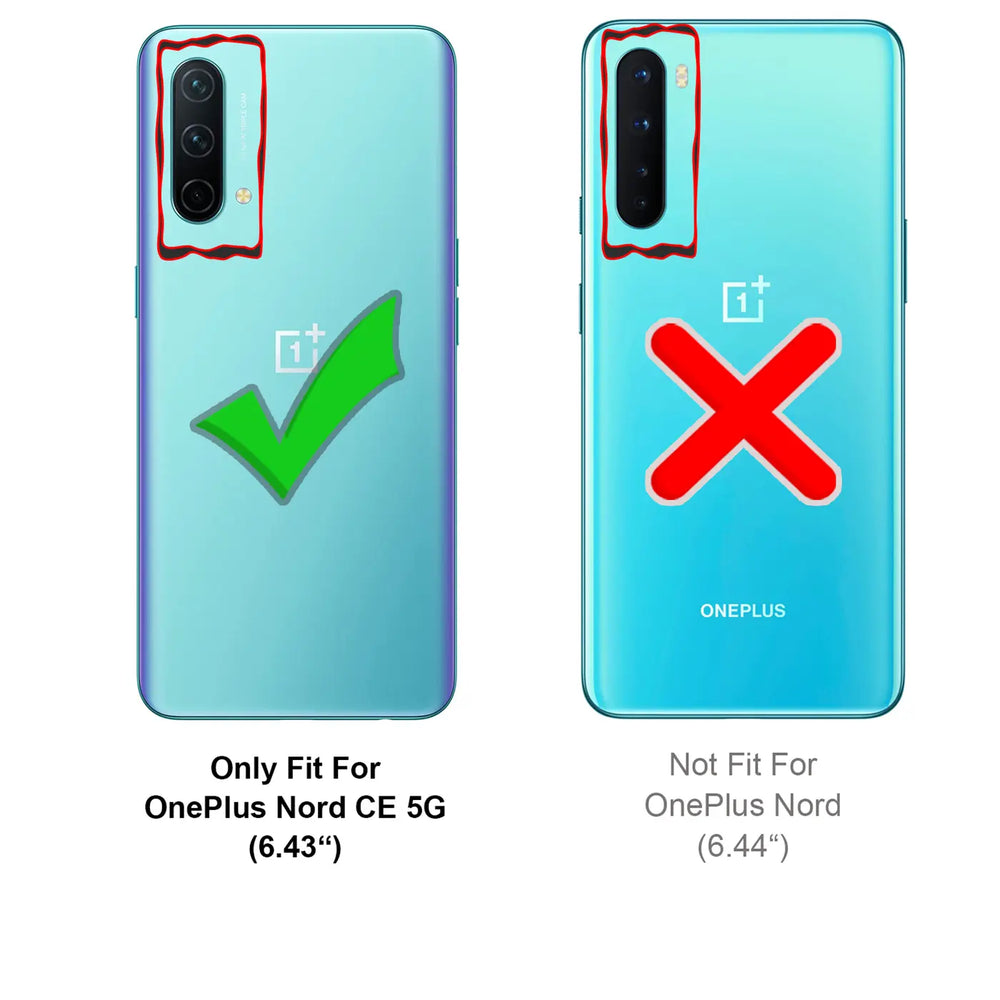Zwei blaue OnePlus-Handys von hinten, links mit grünem Haken (Nord CE 5G), rechts mit rotem X (Nord).