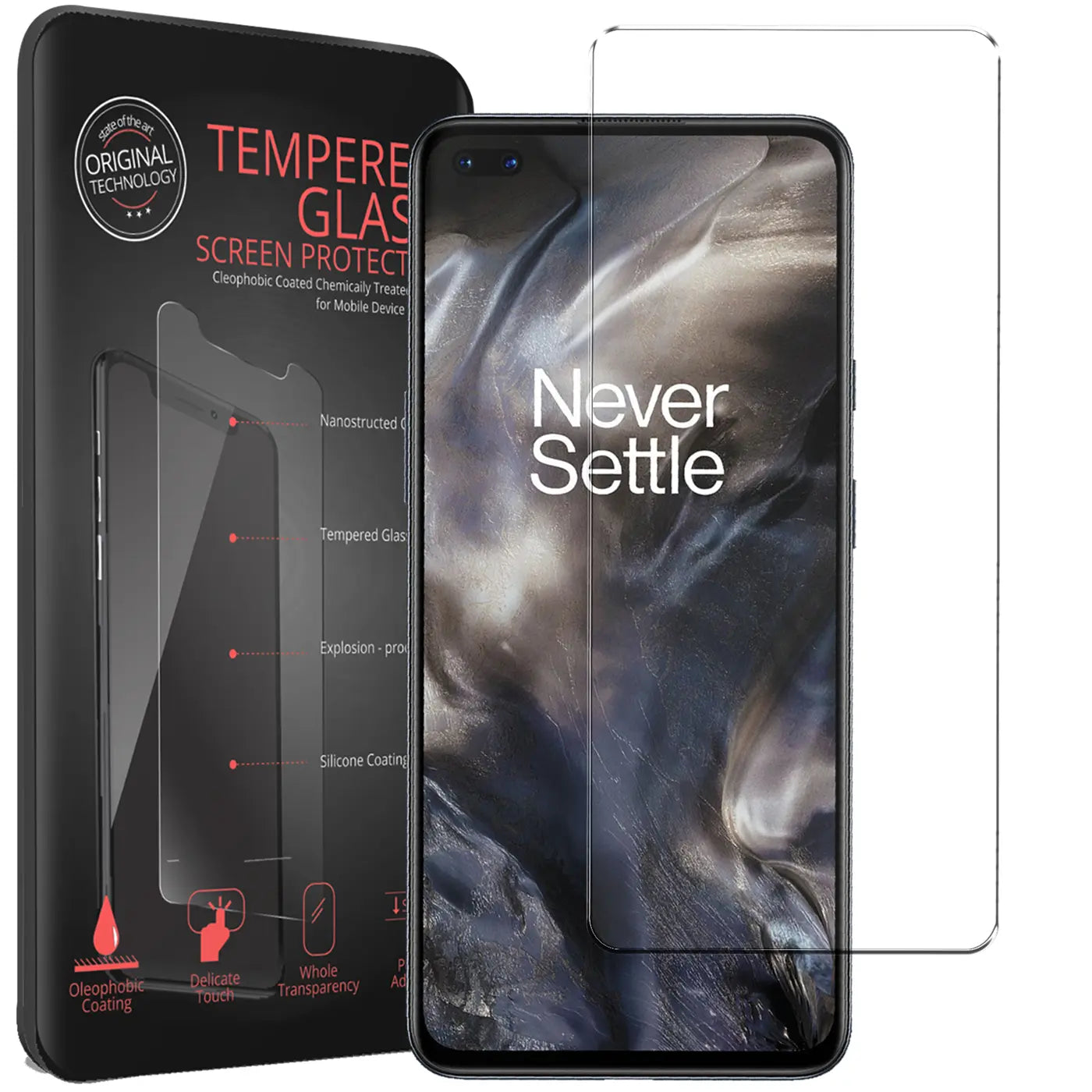 Schwarze Verpackung mit Panzerglas-Abbildung, daneben ein schwarzes OnePlus Nord mit "Never Settle" auf dem Display und ein.