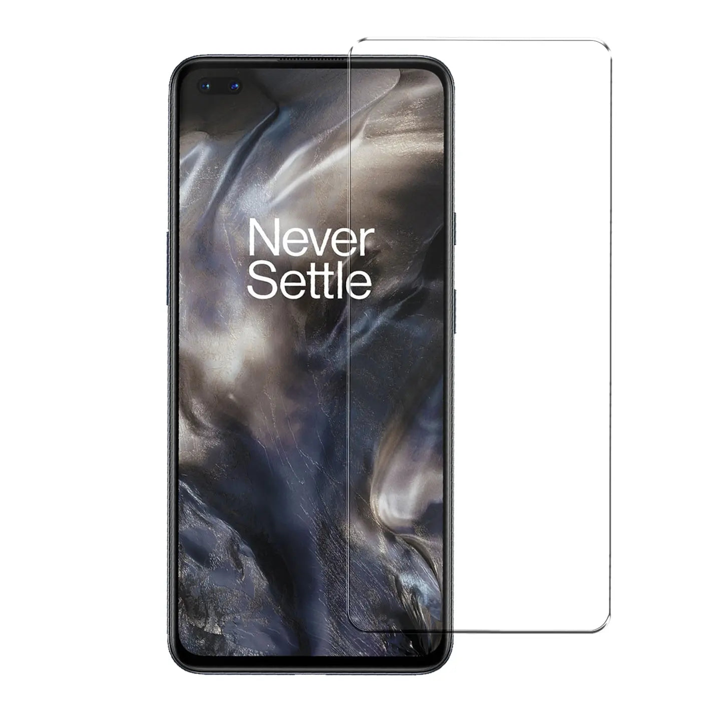 Schwarzes OnePlus Nord Smartphone mit "Never Settle" auf Display, daneben ein transparentes Panzerglas von vorne.