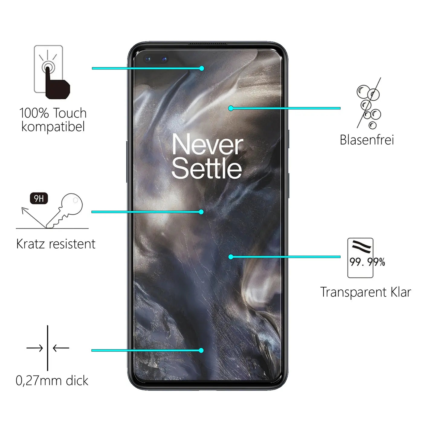 OnePlus Nord Smartphone mit schwarzem Rahmen, Frontalansicht. Auf dem Display ist "Never Settle" zu sehen.