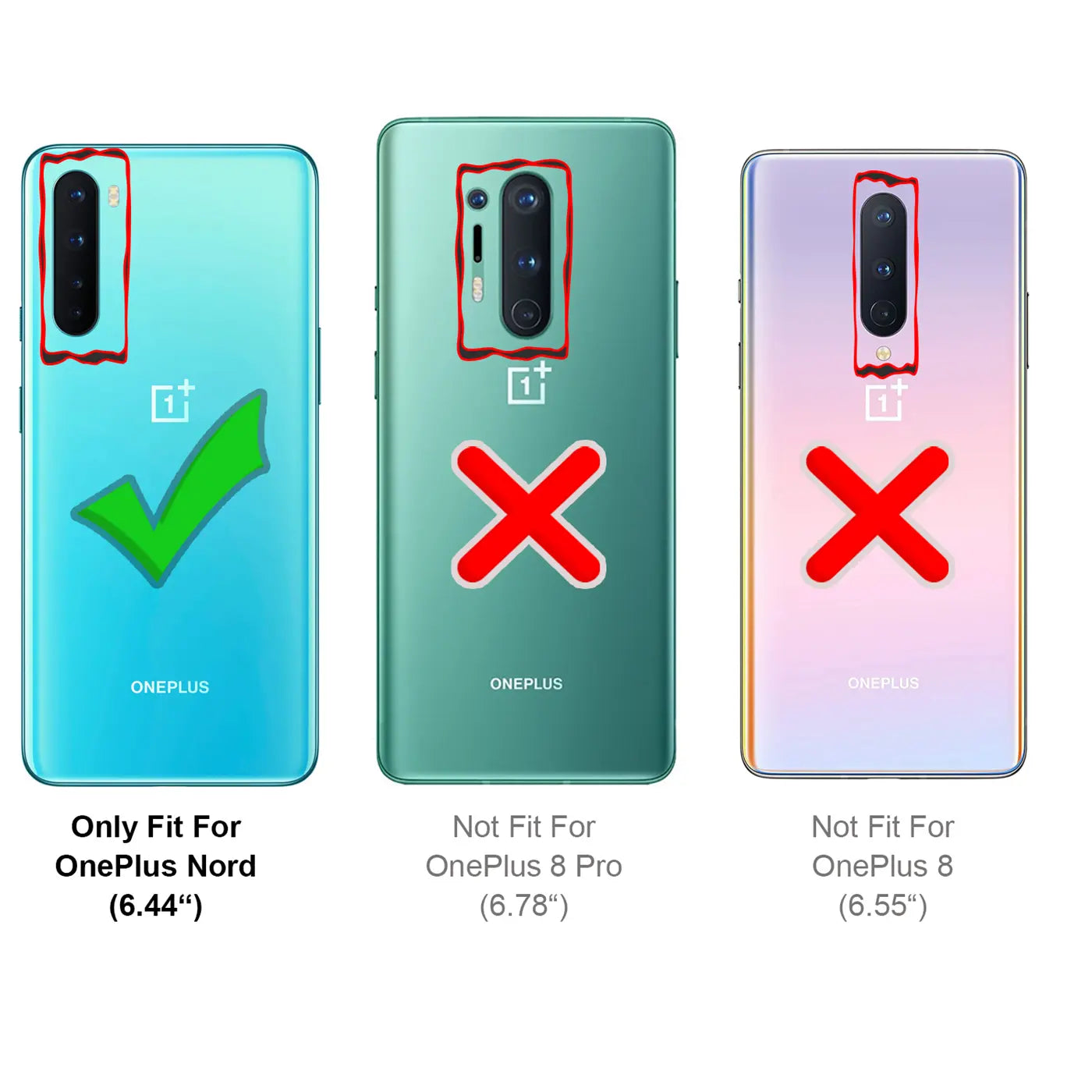 Drei OnePlus-Handy-Rückseiten (Nord, 8 Pro, 8) von hinten. Nord mit grünem Haken, andere mit rotem X.