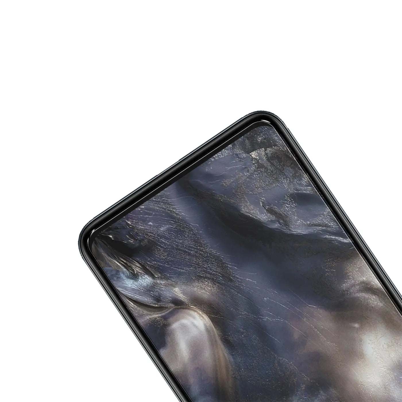 Schwarzes OnePlus Nord Smartphone mit installiertem, transparentem Panzerglas Displayschutz, schräg von oben.