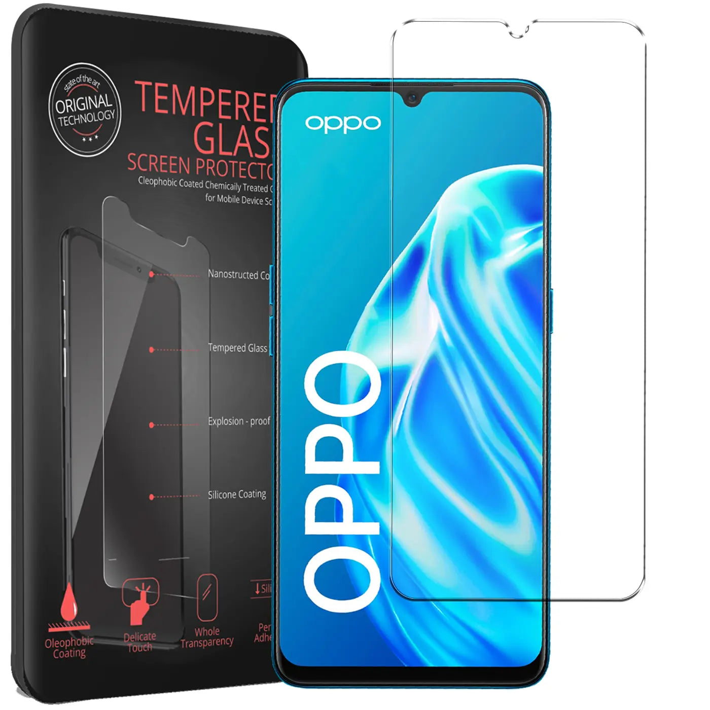 Schwarze Verpackung, blaues Oppo A15 Smartphone und zwei transparente Panzergläser von vorne, leicht schräg.