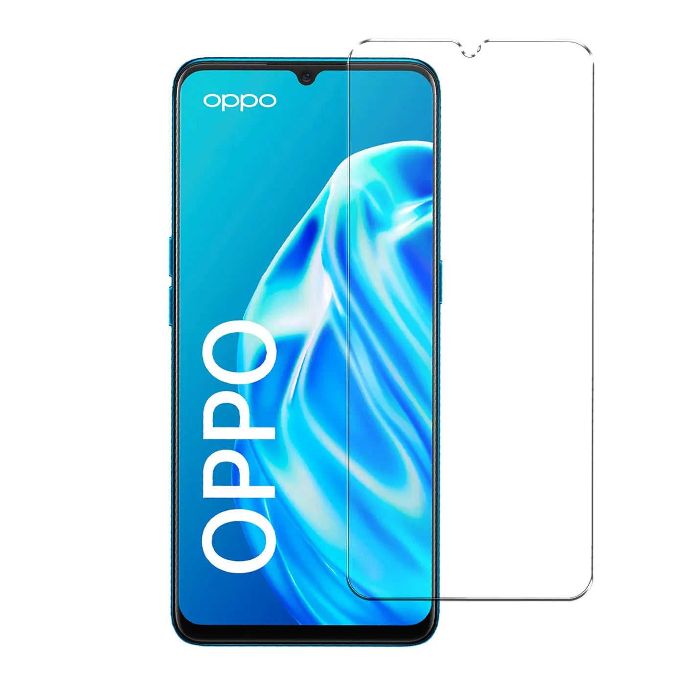 Blaues Oppo A15 Smartphone von vorne, rechts daneben ein transparentes Panzerglas Displayschutz aus Glas.