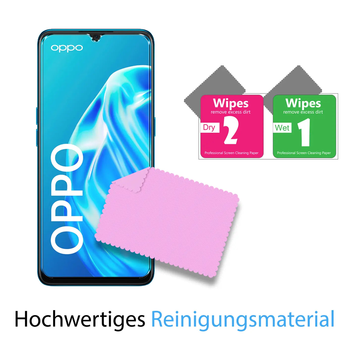 Oppo A15 Smartphone, blau, mit rosa Mikrofasertuch und zwei Reinigungstüchern (nass/trocken) auf weißem Hintergrund.