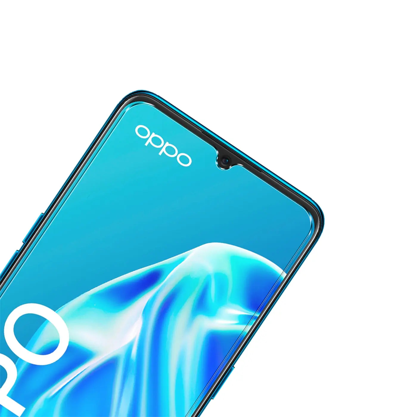 Nahaufnahme des oberen Teils eines blauen Oppo A15 Smartphones mit Wassertropfen-Notch, schräg von oben.