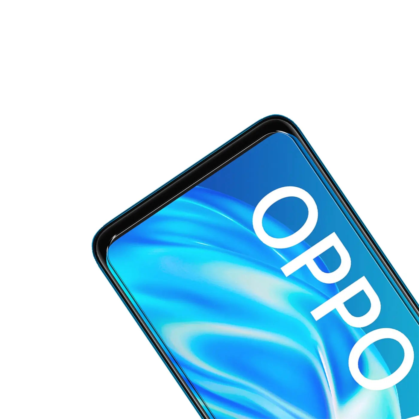 Nahaufnahme eines schwarzen Oppo A15 Smartphones mit blauem Display, auf dem "OPPO" in Weiß steht, von oben rechts.
