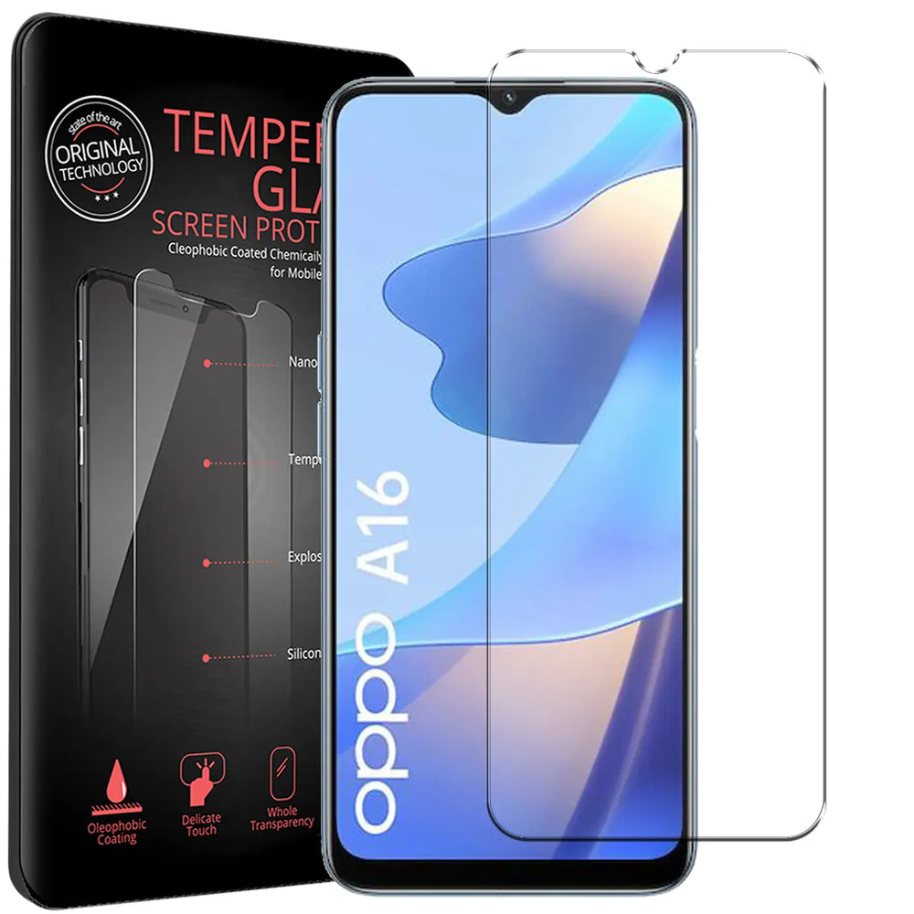Zwei transparente Panzerglas-Displayschutzfolien für OPPO A16 / A16s, eine auf Handy, eine daneben. Schwarze Verpackung.