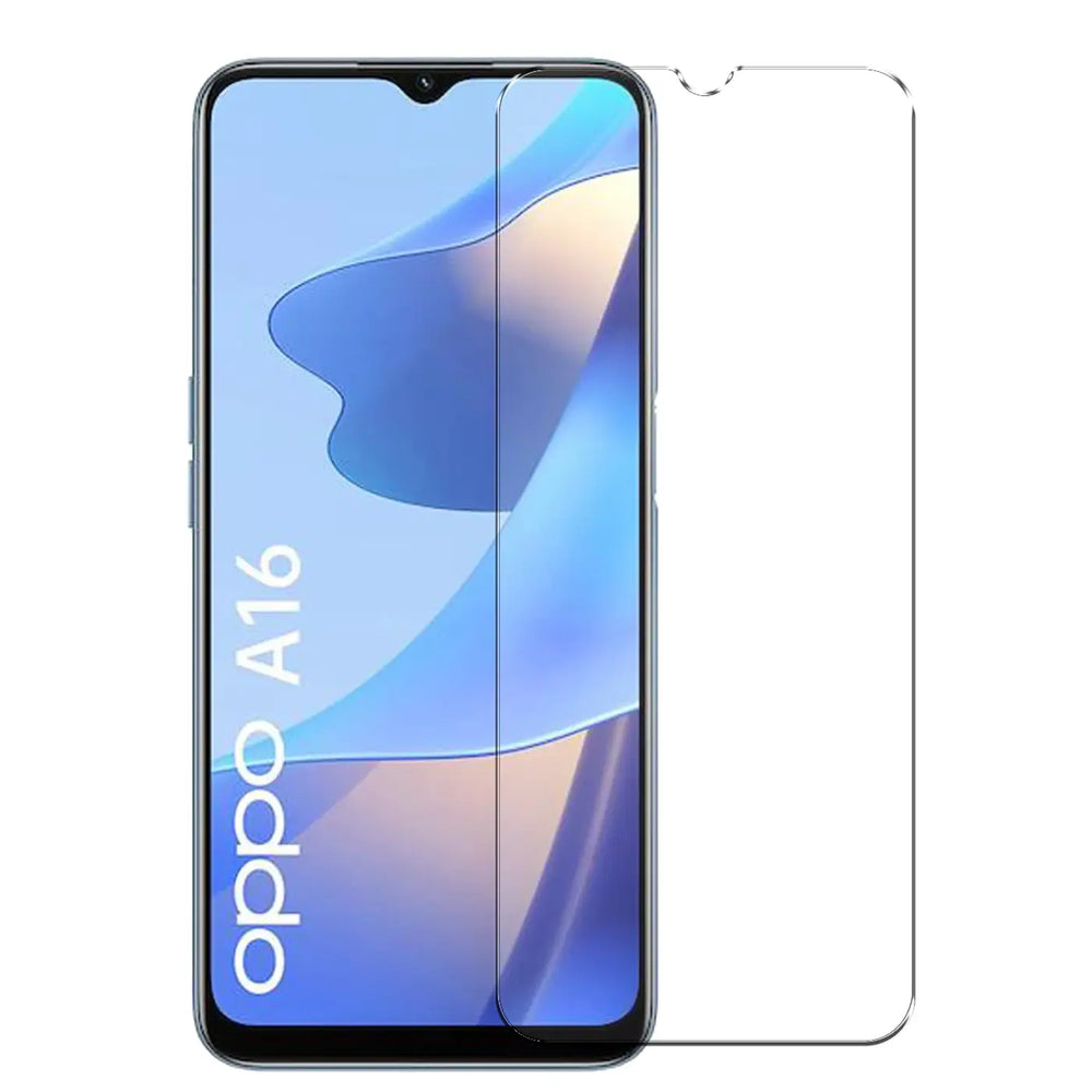 OPPO A16/A16s Smartphone mit angebrachtem und einem separaten, transparenten Panzerglas-Displayschutz von vorne.