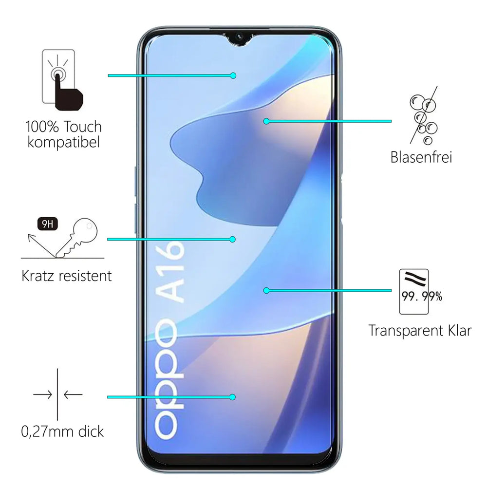 OPPO A16/A16s Smartphone, schwarz, frontal, mit transparentem Panzerglas-Displayschutz und Eigenschaften wie 9H Härte.