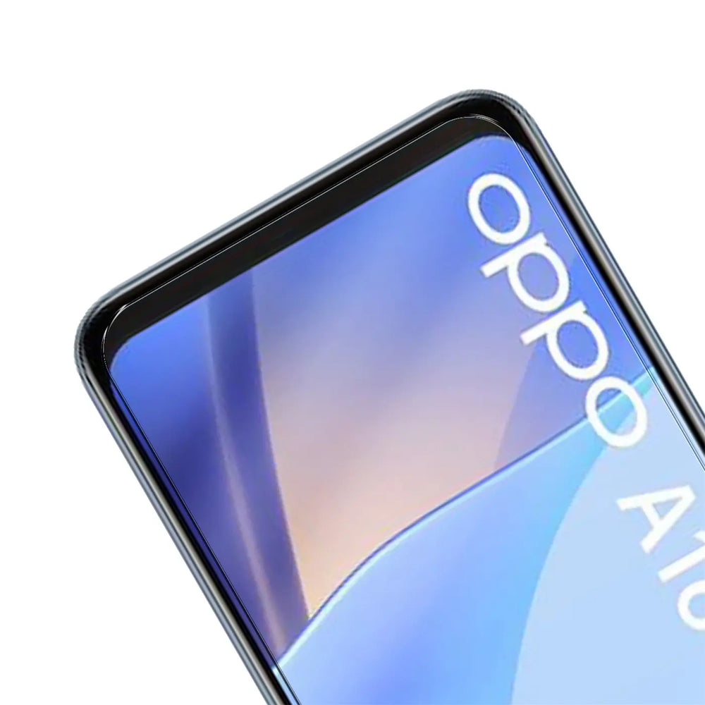 Nahaufnahme eines OPPO A16/A16s Smartphones mit schwarzem Rahmen und klarem Panzerglas Displayschutz, schräg von oben.