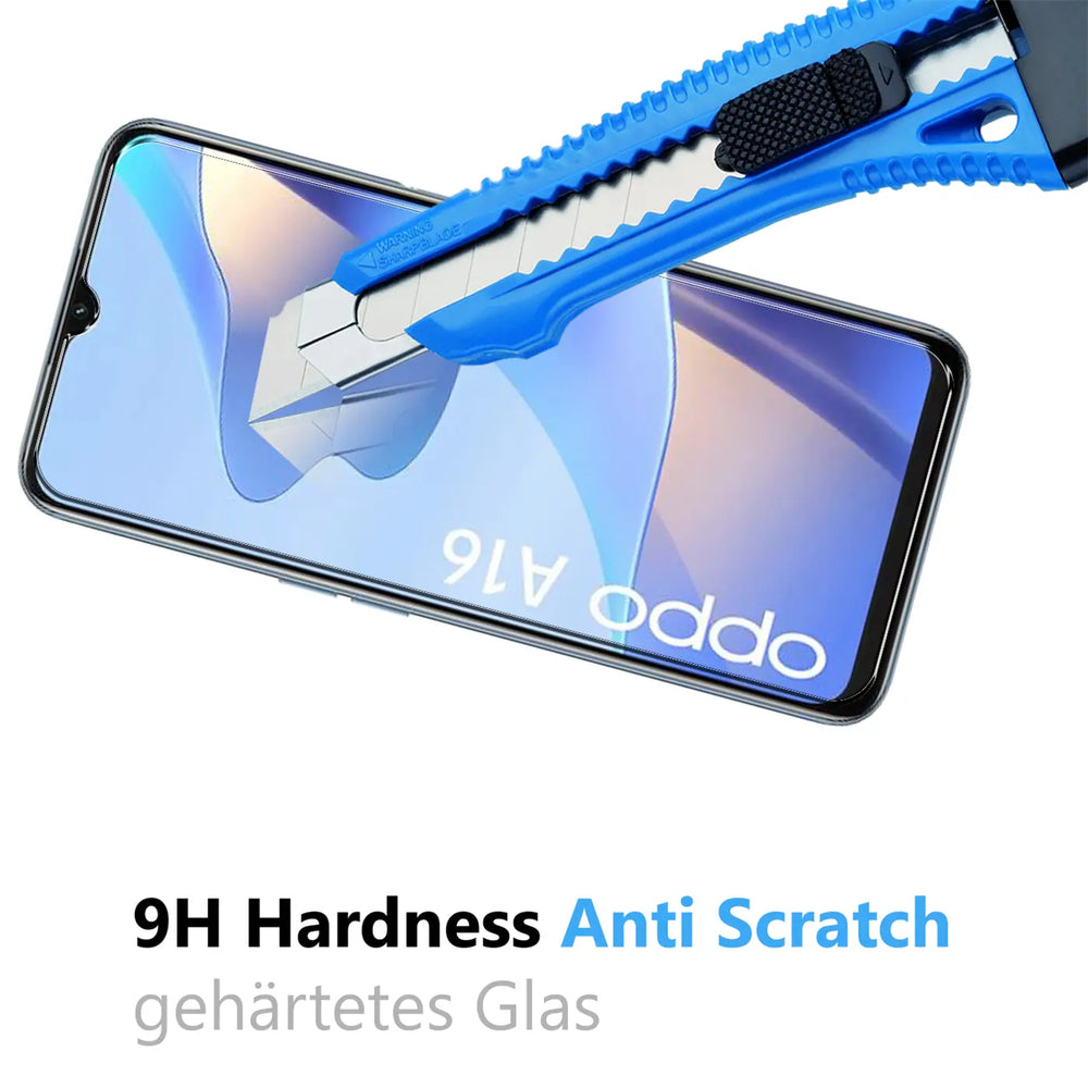 OPPO A16/A16s mit transparentem Panzerglas, von oben rechts nach unten links, blaues Cuttermesser auf Display.