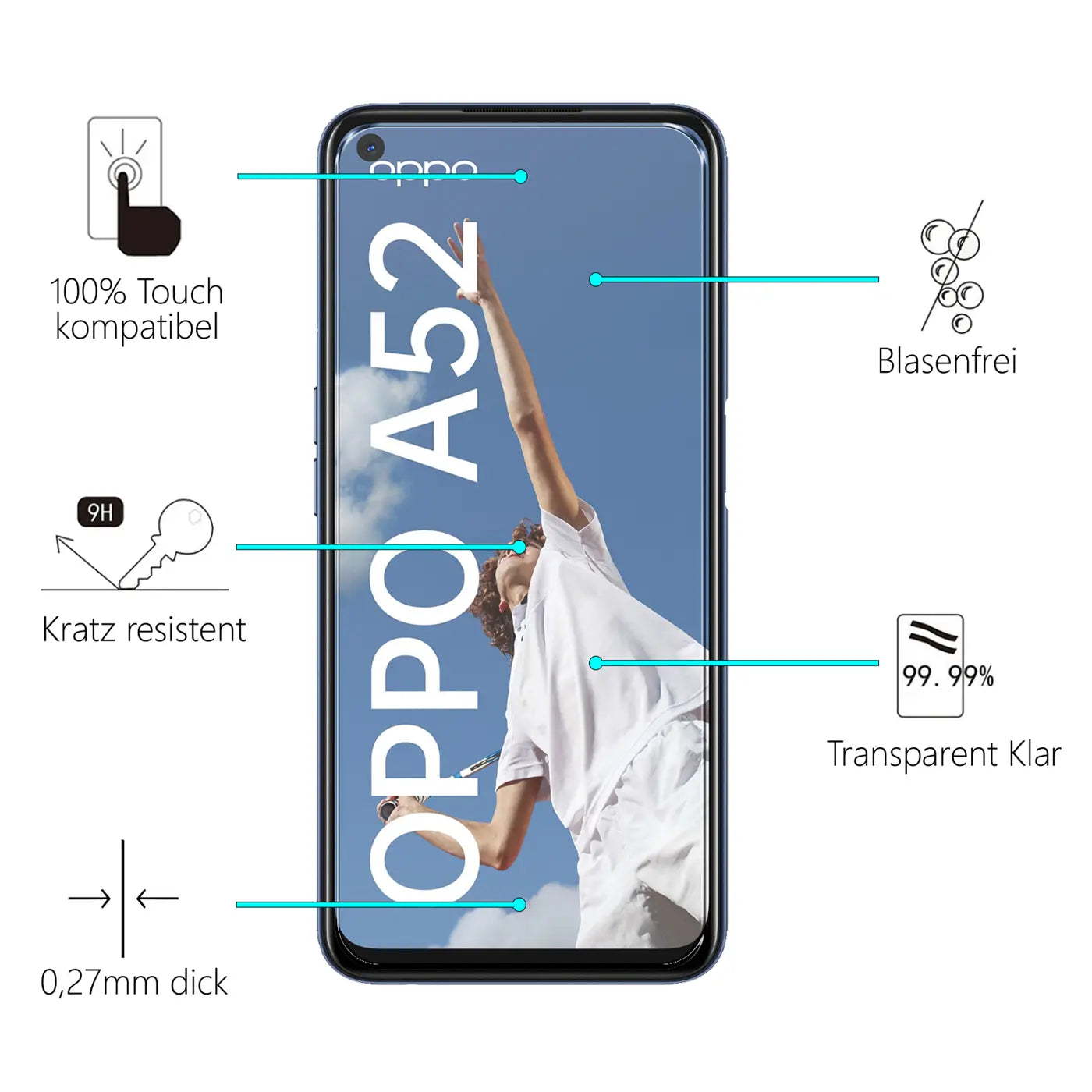 Schwarzes Oppo A52/A72 Smartphone, frontal, mit Panzerglas-Displayschutz und Produktmerkmalen wie "Kratz resistent".