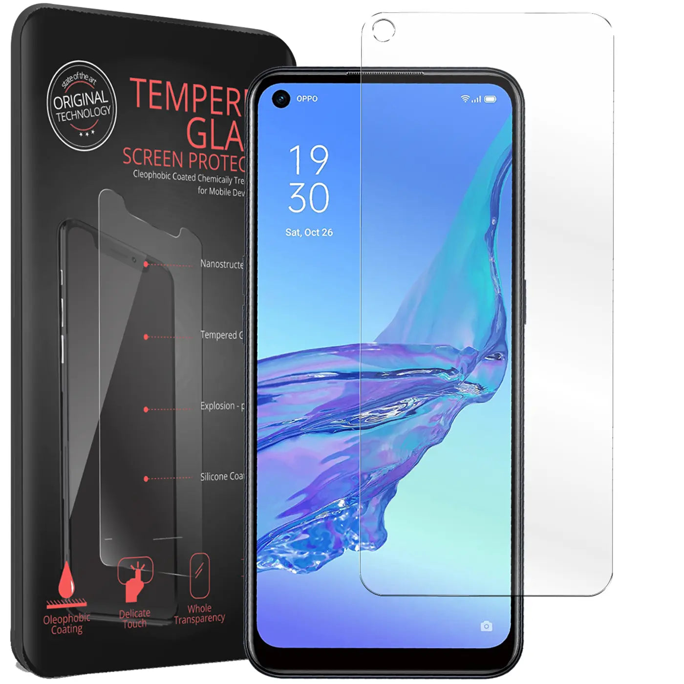 Schwarzes Oppo A53/A53S mit aufgebrachtem, transparentem Panzerglas, daneben ein weiteres Panzerglas und die schwarze.