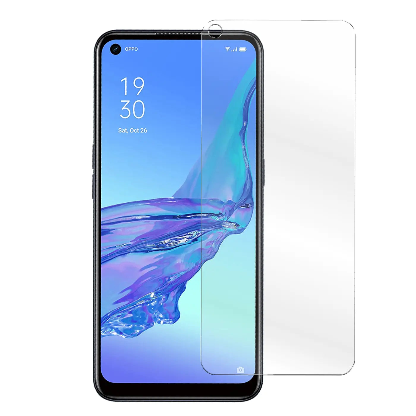 Schwarzes Oppo A53/A53S Smartphone, frontal, mit transparentem Panzerglas-Displayschutz daneben.
