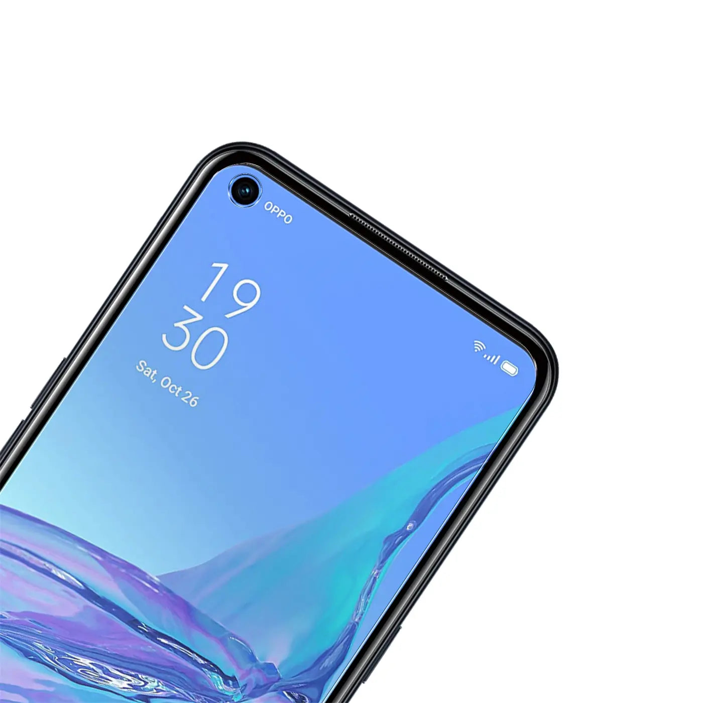 Nahaufnahme eines schwarzen Oppo A53/A53S Smartphones mit blauem Display, schräg von oben rechts.