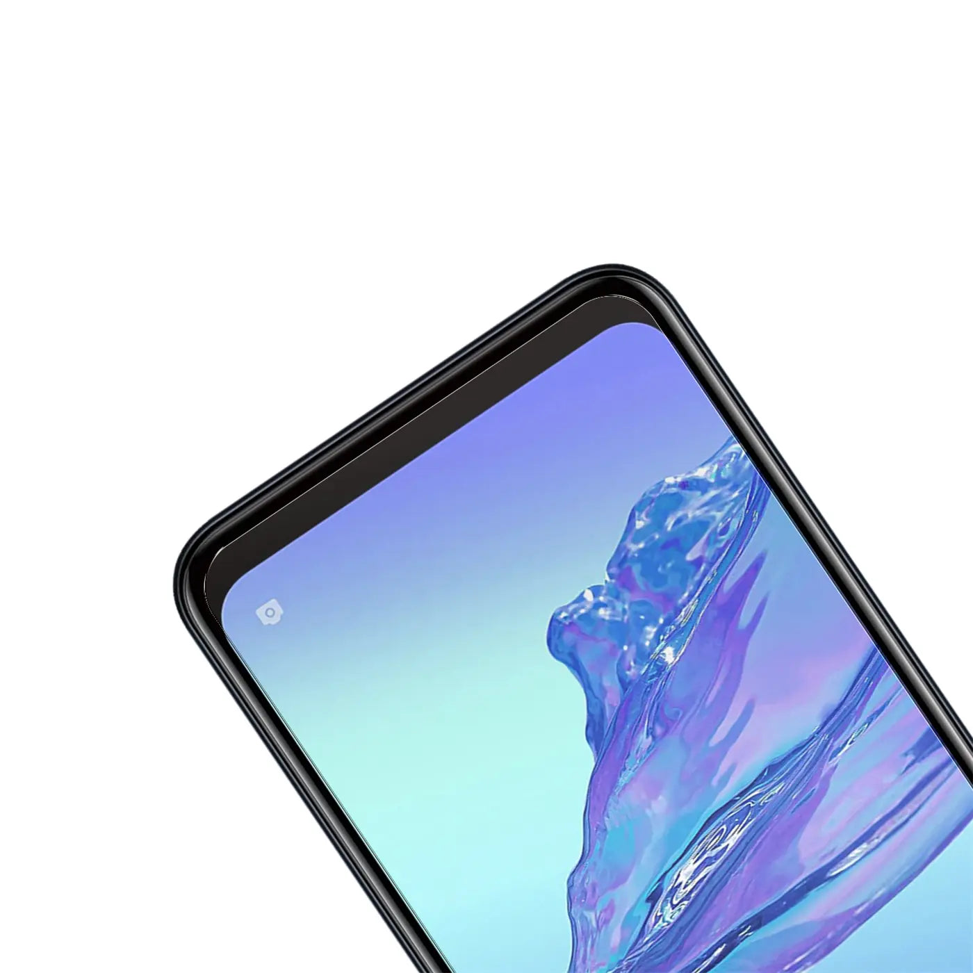 Nahaufnahme eines schwarzen Oppo A53/A53S Smartphones von oben rechts, mit Panzerglas-Displayschutz.