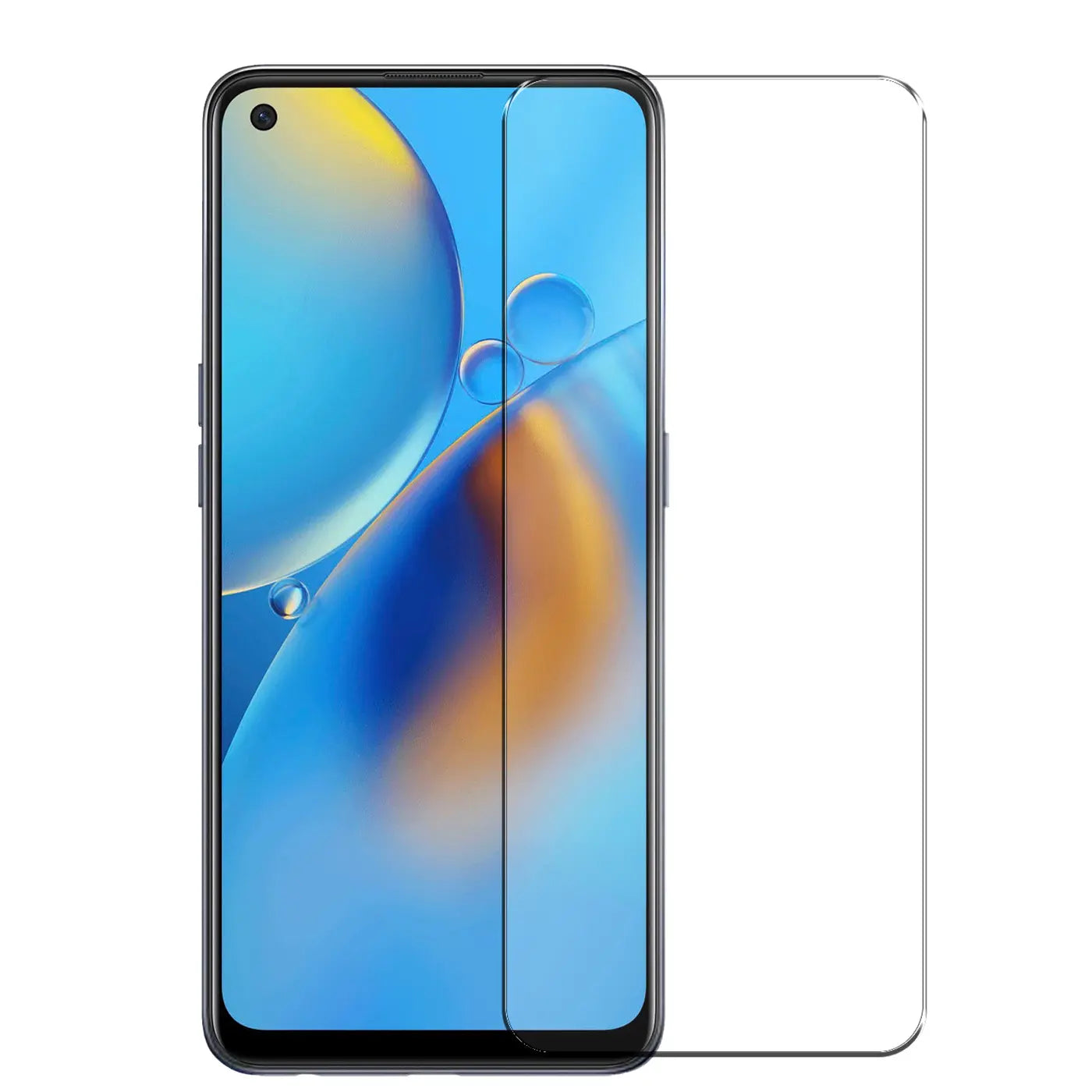 Oppo A54/A74 5G Smartphone mit teilweisem, transparentem Panzerglas-Displayschutz von vorne.