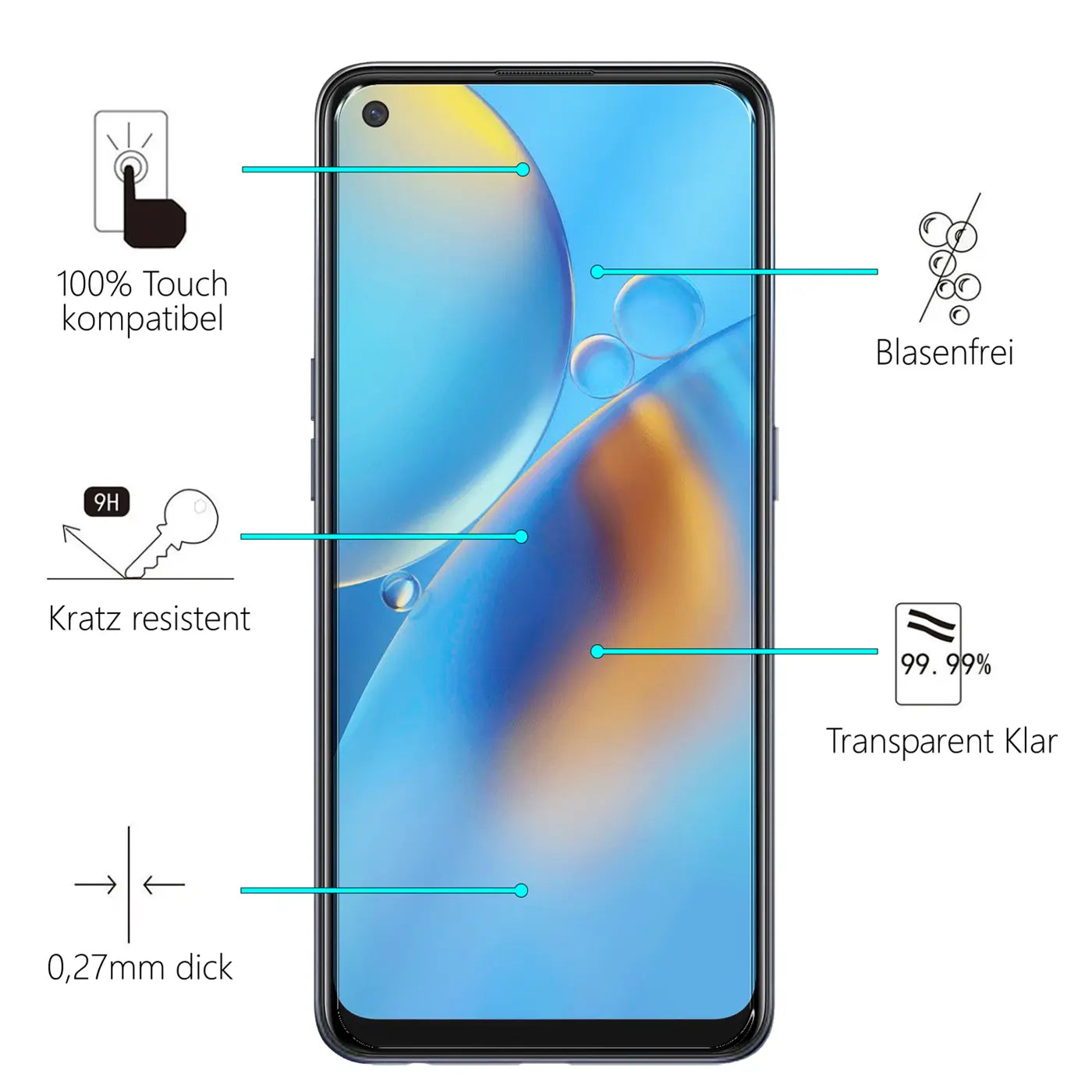 Oppo A54 5G / A74 5G Smartphone mit Panzerglas-Displayschutz, frontal, weißer Hintergrund, Produktmerkmale.