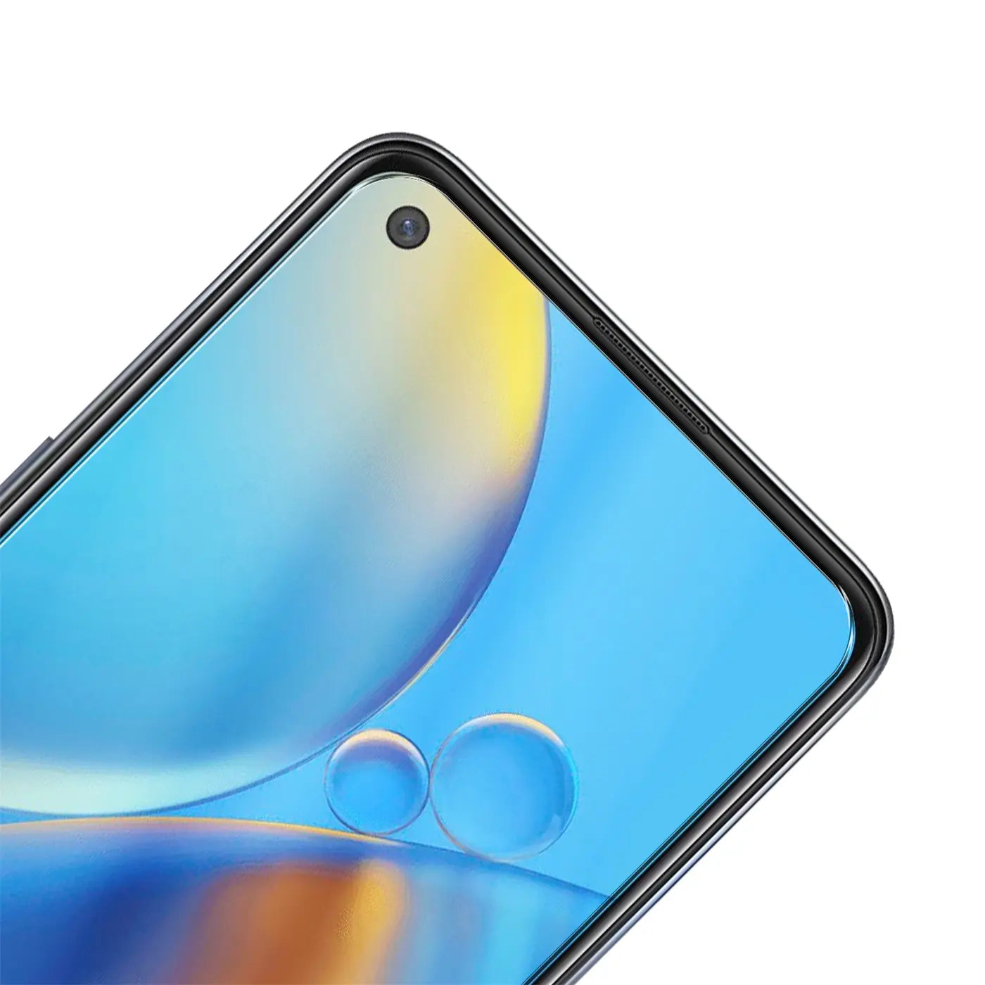 Oppo A54/A74 5G mit Panzerglas Displayschutz, schräg von oben rechts. Schwarzes Handy mit blauem Display.