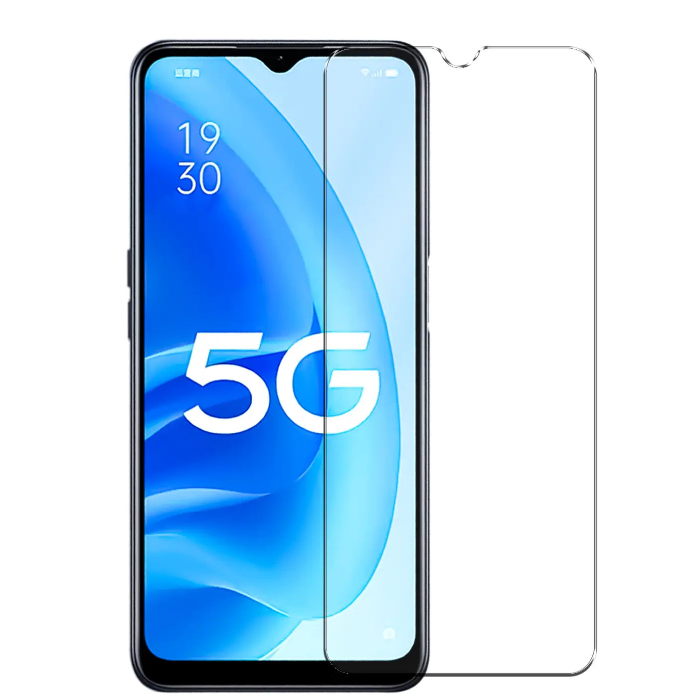 Oppo A55 5G Smartphone mit blauem Display, daneben ein klarer, transparenter Panzerglas-Displayschutz, Frontansicht.