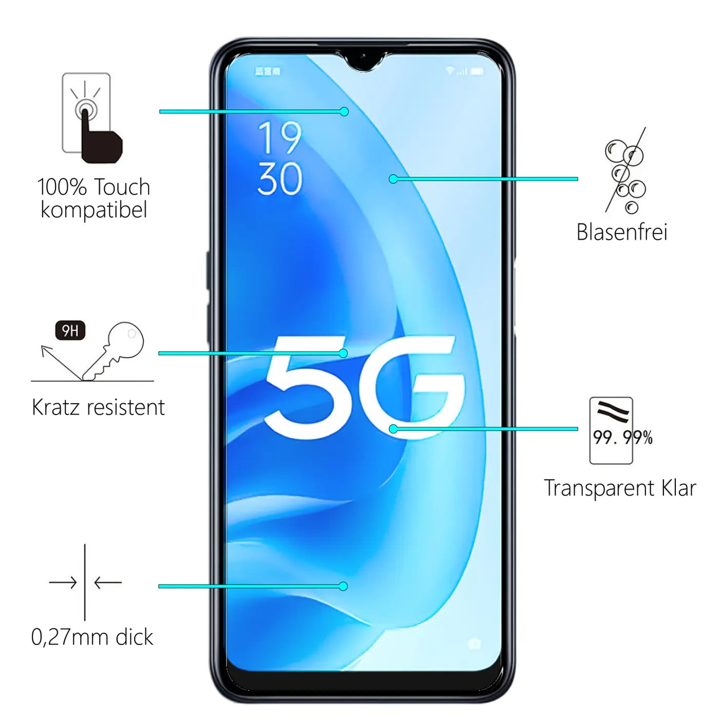 Oppo A55 5G Smartphone, frontal, mit blauem 5G-Display und Eigenschaften des Panzerglas-Displayschutzes.
