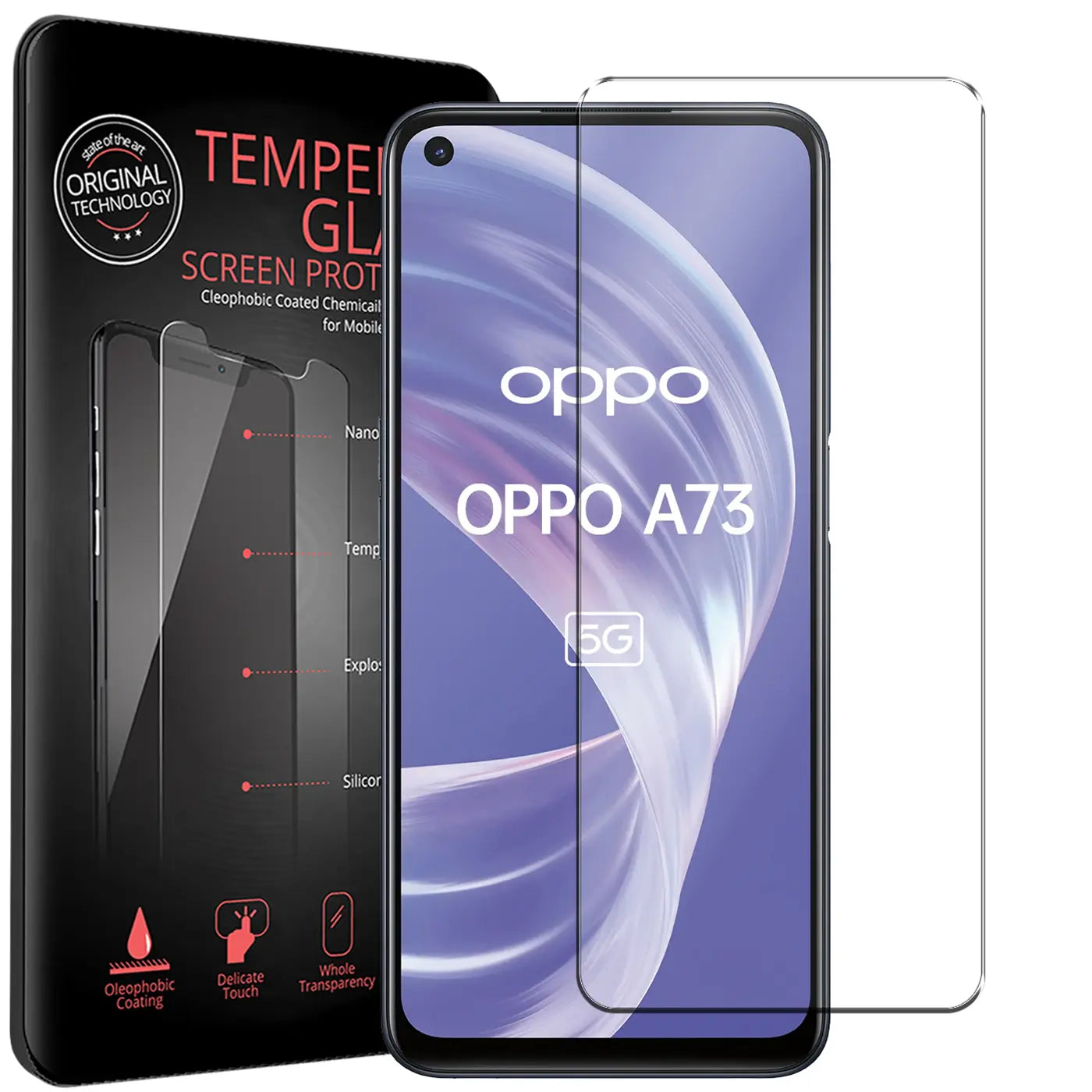 Schwarze Verpackung mit Panzerglas-Details, ein Oppo A73 5G Smartphone und ein klares Panzerglas von vorne.