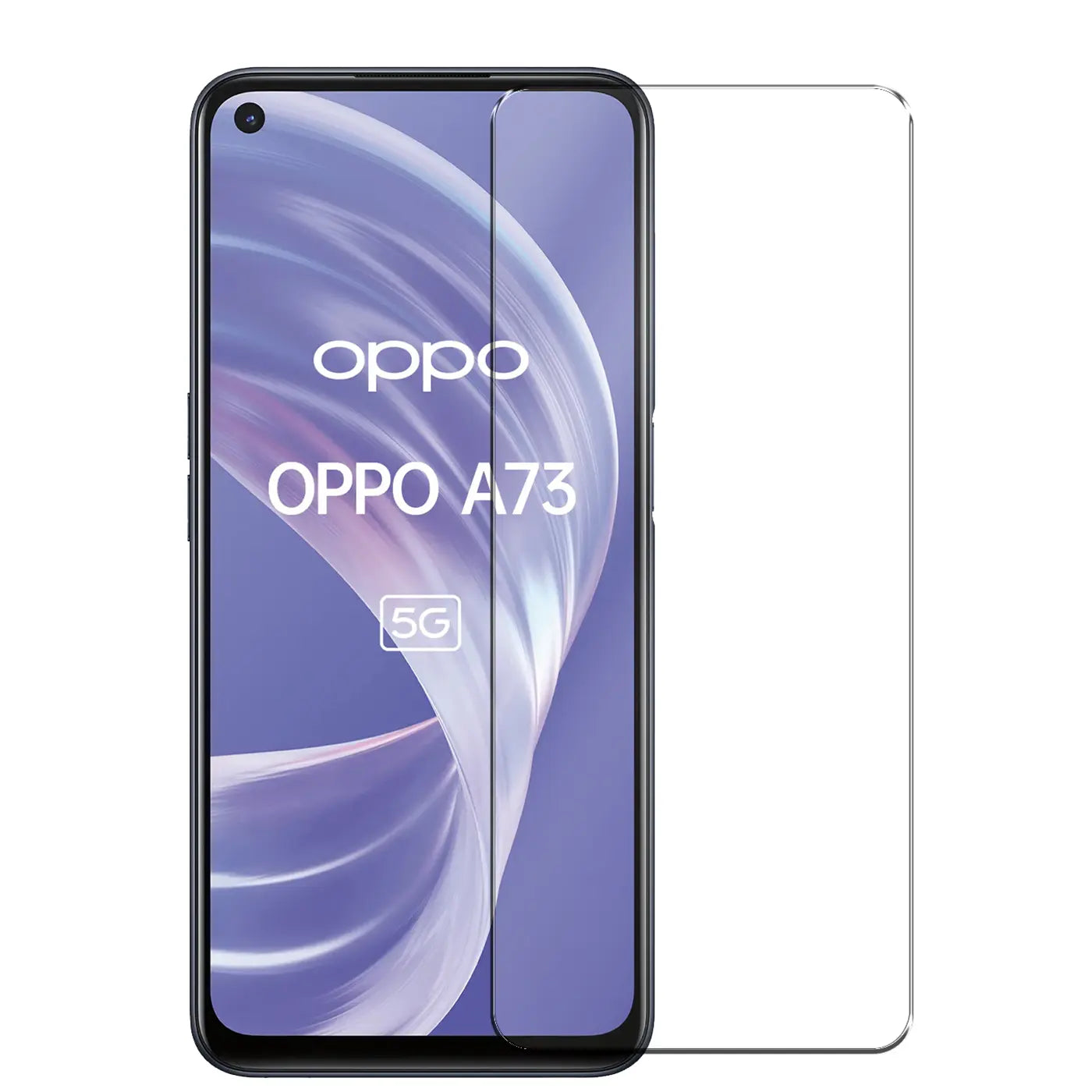 Oppo A73 5G Smartphone mit schwarzem Rahmen und Panzerglas-Displayschutz von vorne, daneben ein zweiter Schutz.