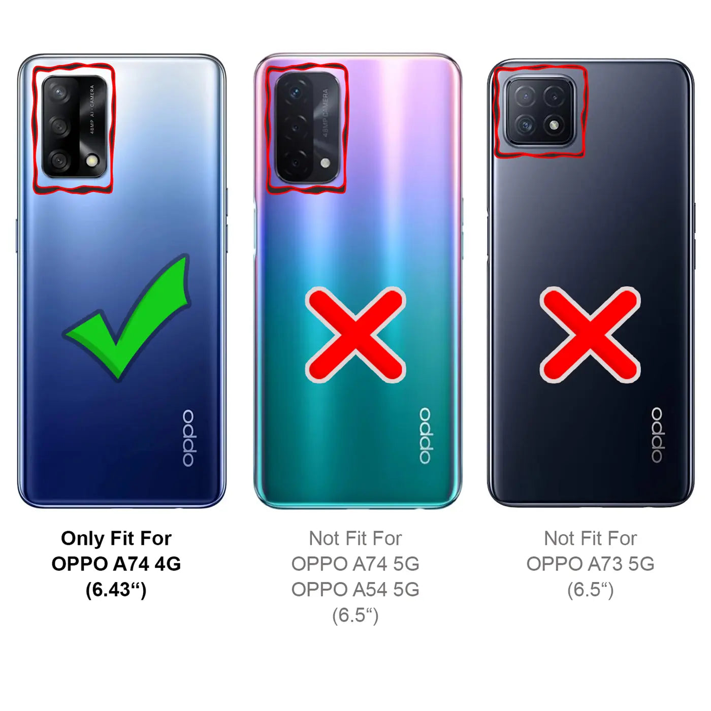 Drei Oppo-Smartphones von hinten: blaues A74 4G (Haken), blau-grünes A74 5G (X), schwarzes A73 5G (X).