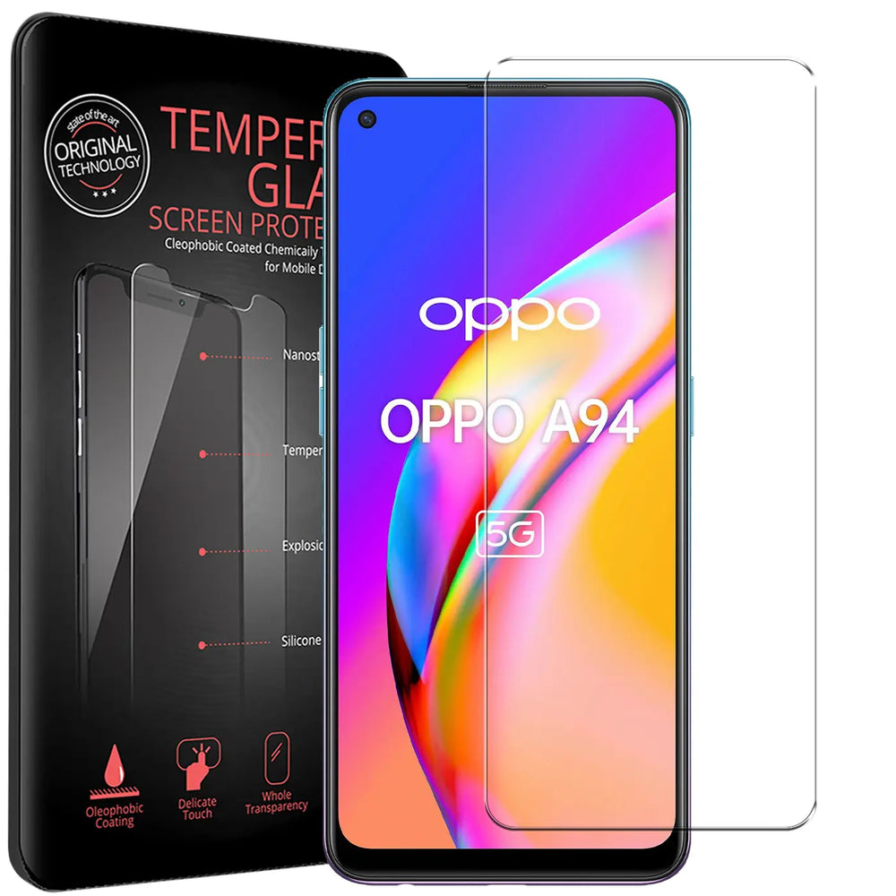 Schwarze Verpackung mit 2 Panzerglas-Displayschutzfolien neben einem Oppo A94 5G Smartphone mit aufgelegter Folie.