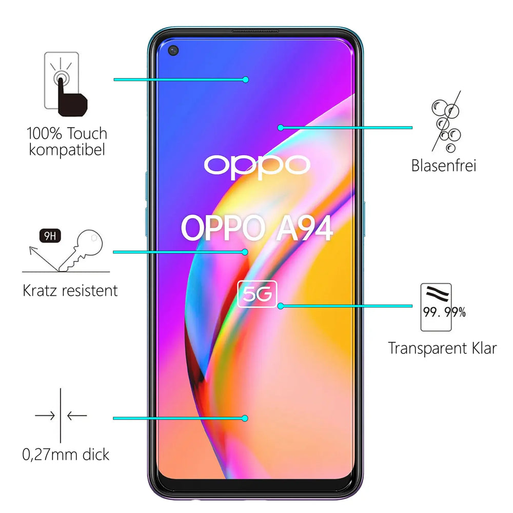 Frontansicht eines schwarzen Oppo A94 5G Smartphones mit farbigem Display und Produktmerkmalen des Panzerglases.