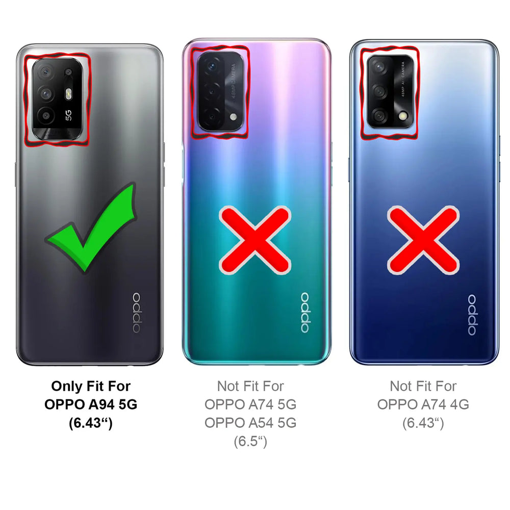 Rückseite von 3 Oppo Smartphones: Grau (A94 5G, Haken), Lila-Türkis (A74 5G, X), Blau (A74 4G, X) mit Kameraausschnitten.