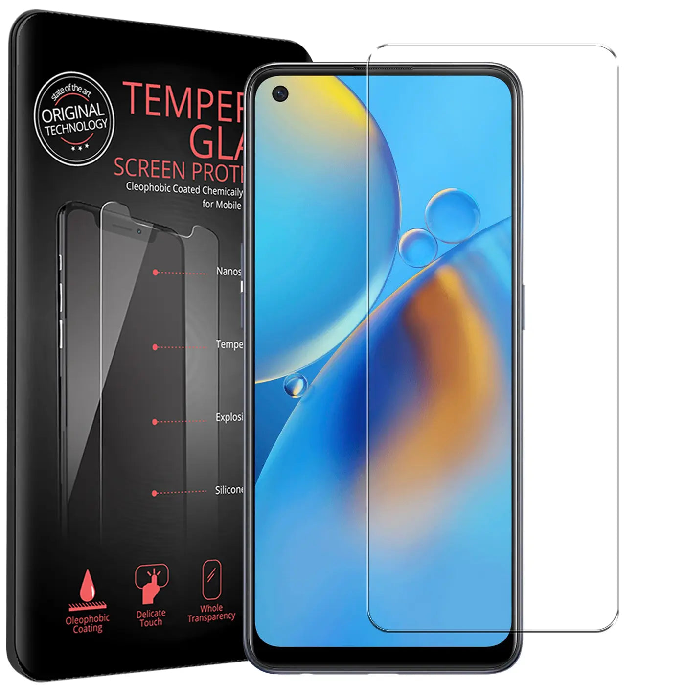 Schwarze Verpackung mit transparentem Panzerglas, daneben ein OPPO A96/A76 mit aufgelegtem, klarem Displayschutz.