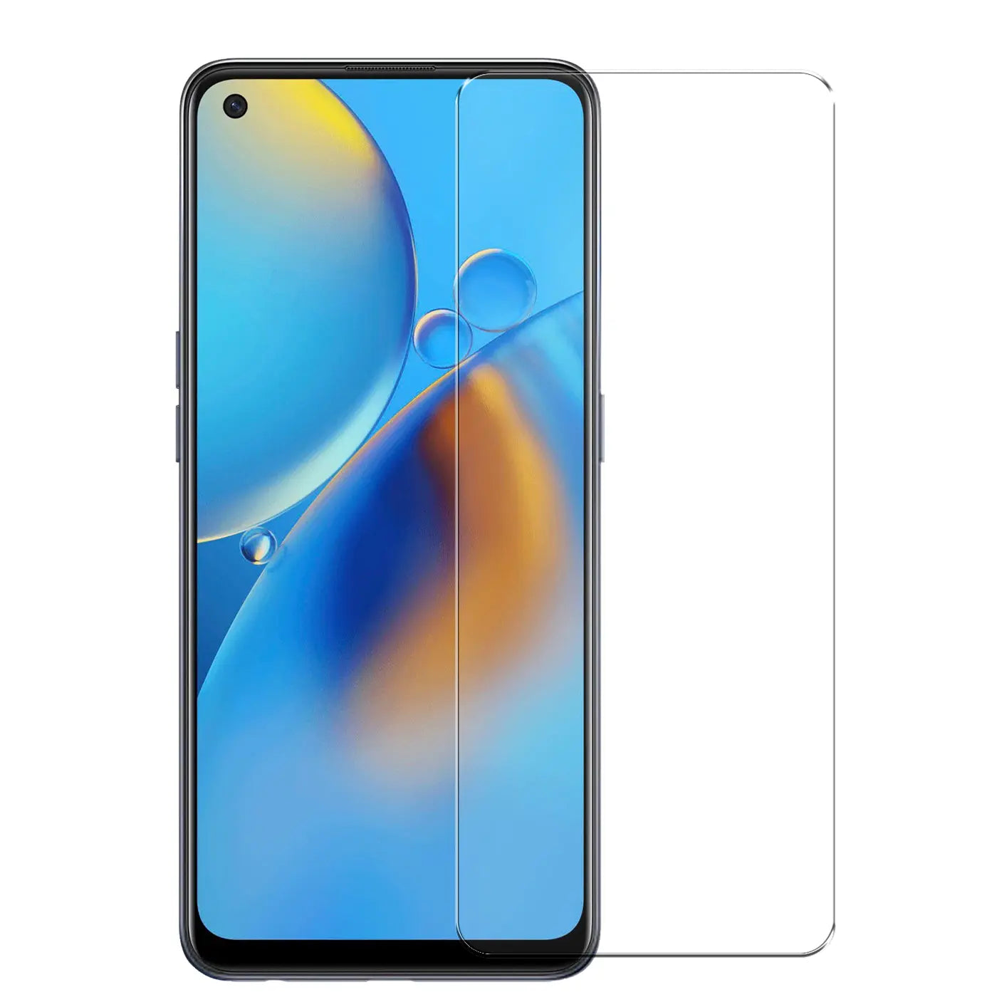 OPPO A96/A76 Handy mit transparentem Panzerglas-Displayschutz von vorne, daneben ein zweiter Displayschutz.