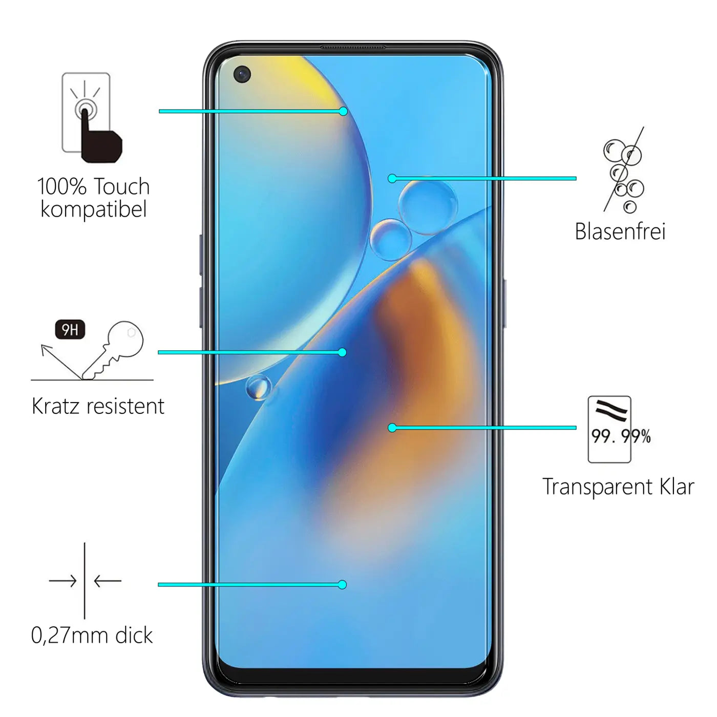 Frontansicht eines schwarzen OPPO A96/A76 Smartphones mit transparentem Panzerglas-Displayschutz und Infografiken.