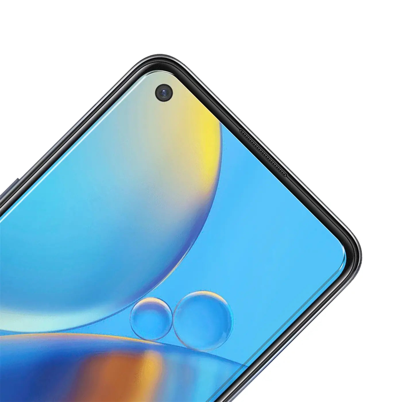 Nahaufnahme eines OPPO A96/A76 Smartphones mit blauem Display und schwarzem Rahmen, von oben rechts gesehen.