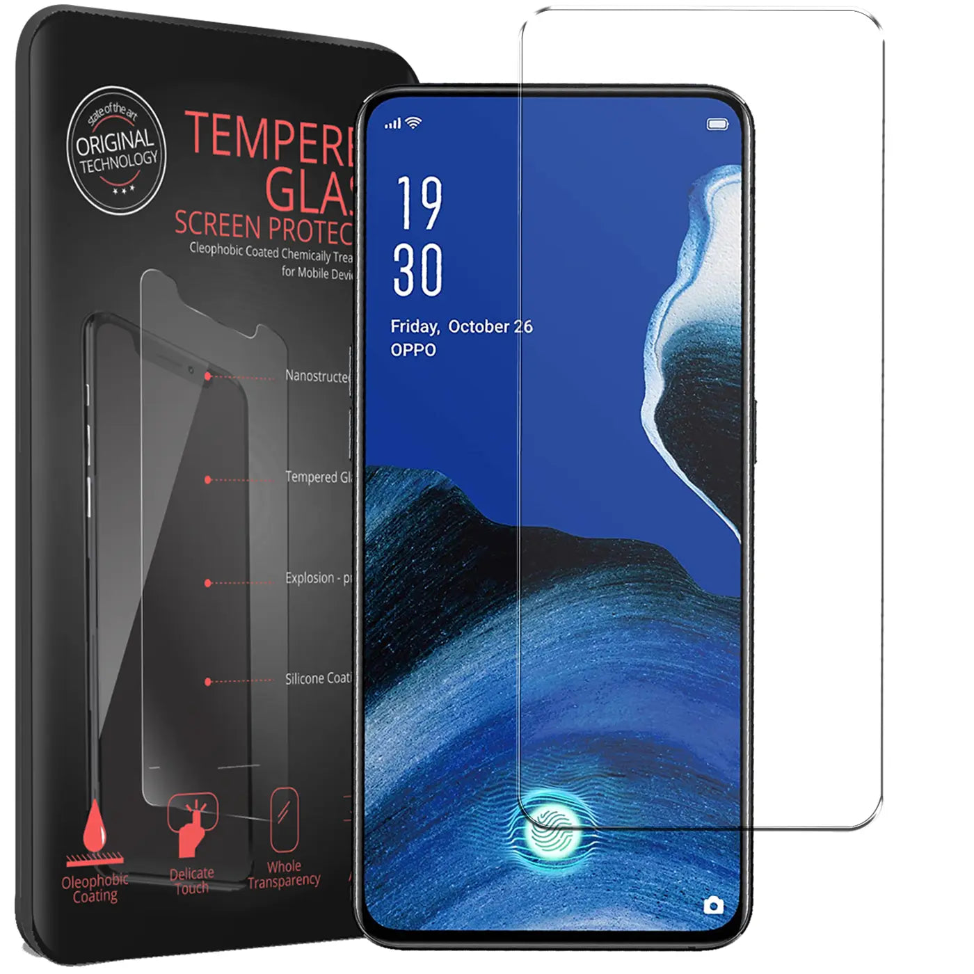 Schwarze Verpackung mit Panzerglas-Details, Oppo Reno 2 Smartphone mit Displayschutz und ein weiteres Panzerglas.