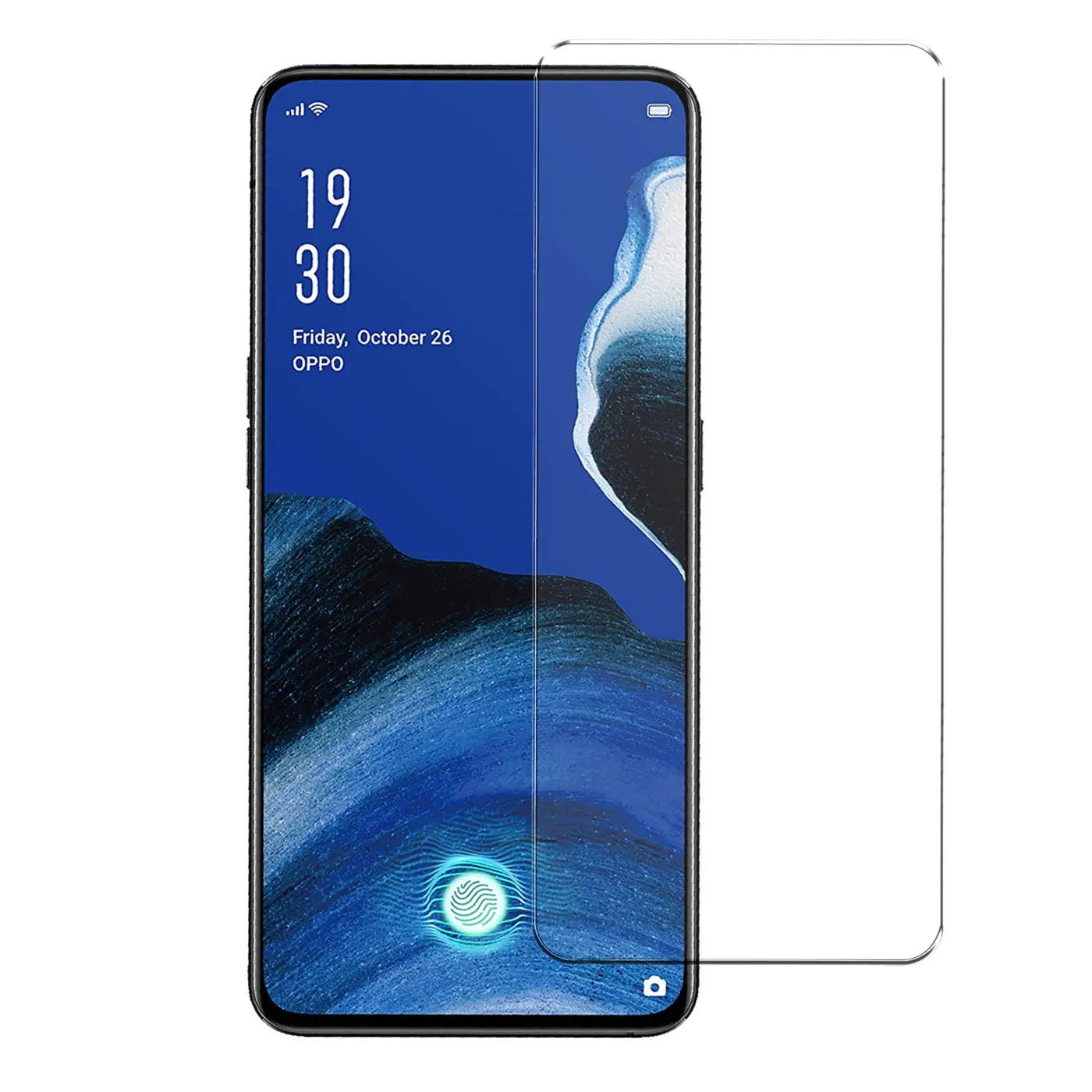 Oppo Reno 2 Smartphone mit schwarzem Rahmen, Display zeigt Uhrzeit 19:30. Rechts daneben ein Panzerglas Displayschutz.