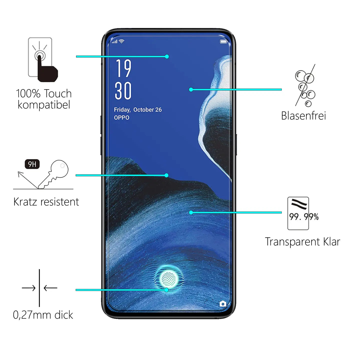 Oppo Reno 2 Handy mit blauem Display, frontal, umgeben von Icons für Panzerglas-Eigenschaften: kratzfest, blasenfrei.
