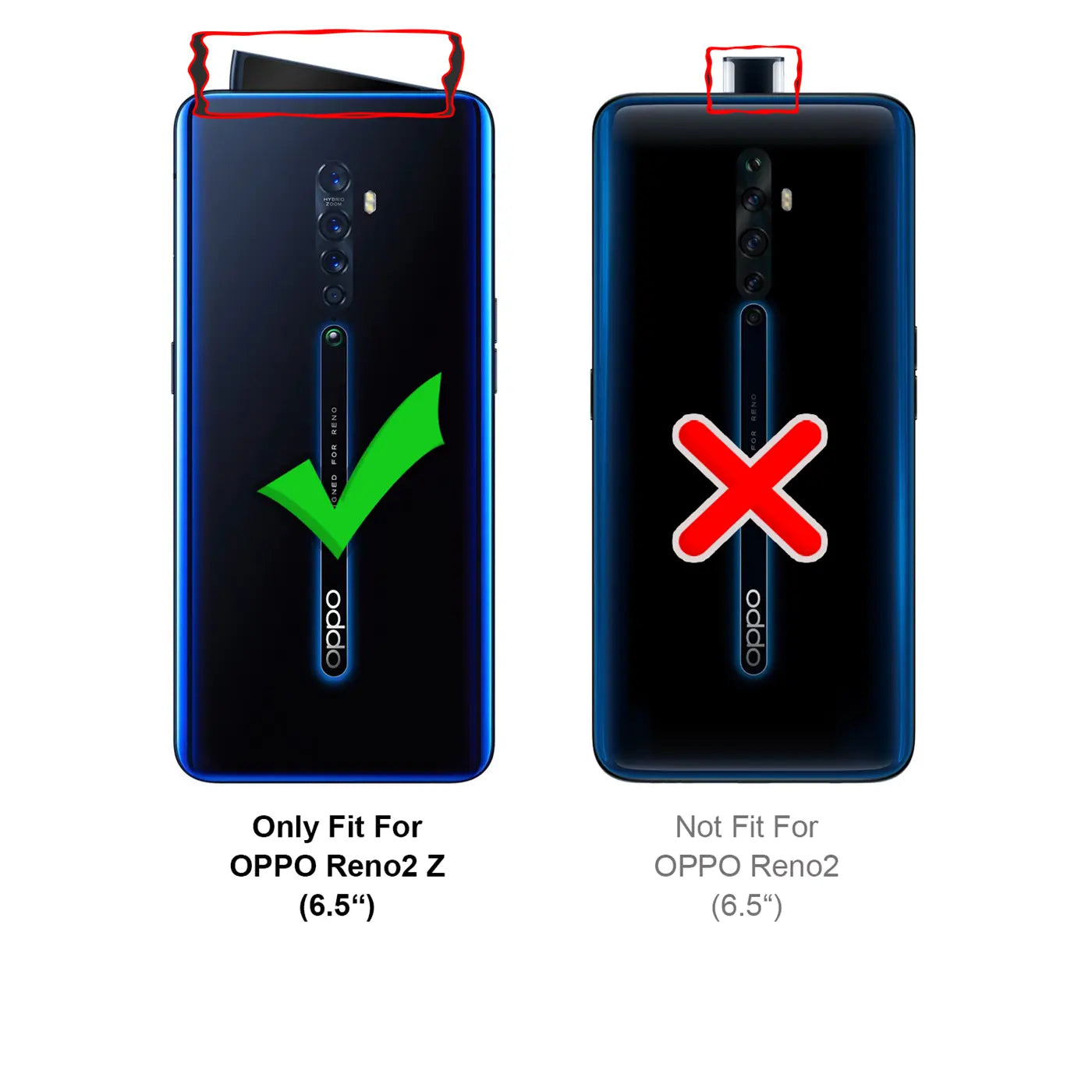 Zwei blaue Oppo Reno 2 Smartphones von hinten, links mit Hülle und Haken, rechts ohne Hülle und rotem X.
