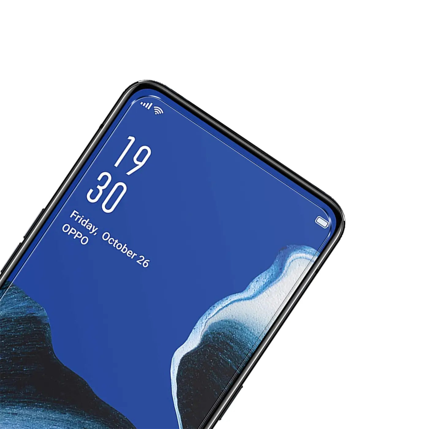 Nahaufnahme eines Oppo Reno 2 Smartphones mit schwarzem Rahmen und blauem Display, schräg von oben.