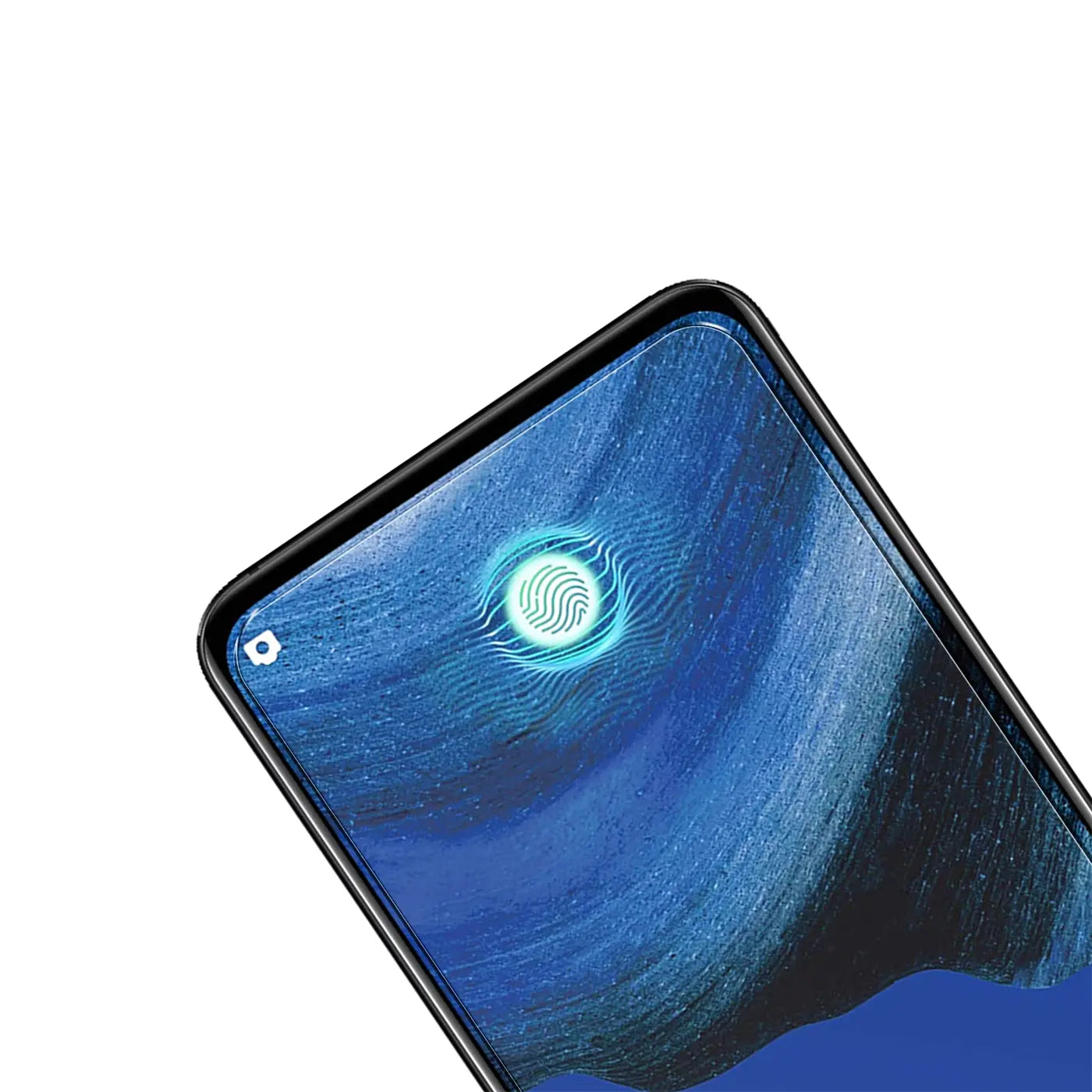 Nahaufnahme eines Oppo Reno 2 Smartphones mit schwarzem Rahmen und blauem Display, das einen leuchtenden Fingerabdrucksensor.