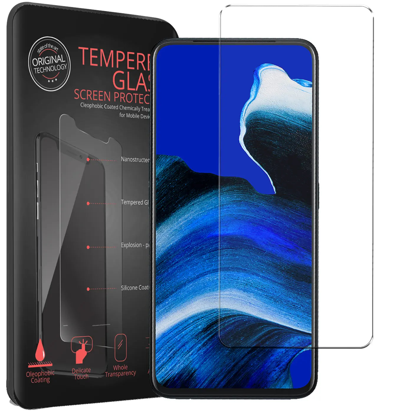 Schwarzes Oppo Reno 2 Z mit blauem Display, daneben 2 transparente Panzerglas-Displayschutzfolien und schwarze Verpackung.