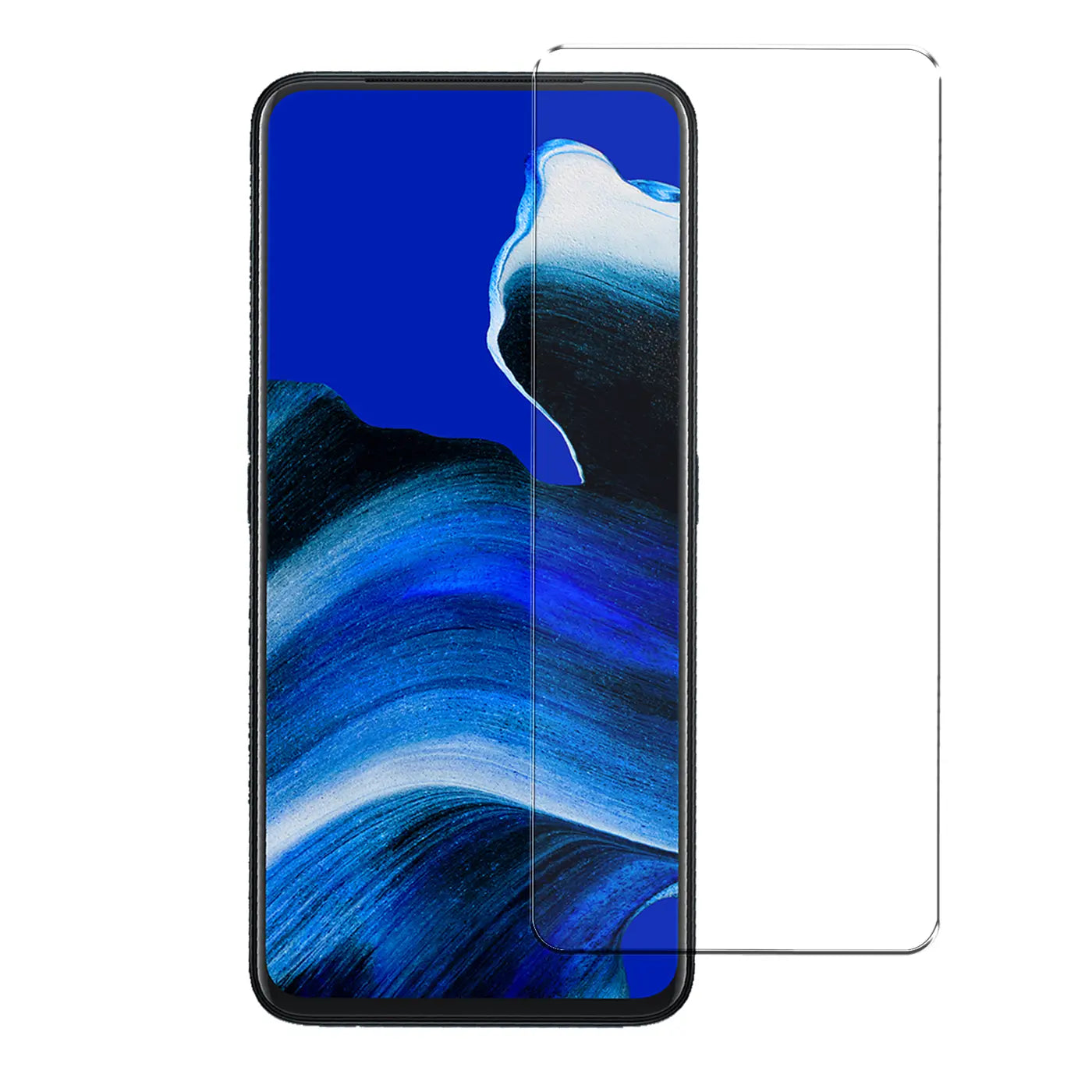 Oppo Reno 2 Z Smartphone mit schwarzem Rahmen, blauem Display und einem transparenten Panzerglas Displayschutz daneben.
