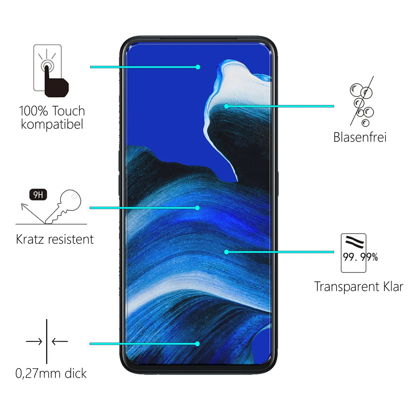 Oppo Reno 2 Z Smartphone mit Panzerglas-Displayschutz, Frontansicht. Eigenschaften wie 9H Härte und 0,27mm Dicke sind mit.